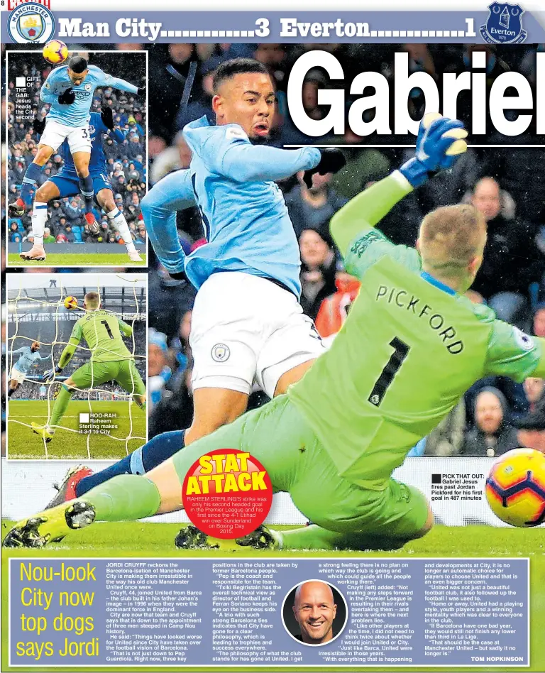  ??  ?? GIFT OF THE GAB: Jesus heads the City second HOO-RAH: Raheem Sterling makes it 3-1 to City PICK THAT OUT: Gabriel Jesus fires past Jordan Pickford for his first goal in 487 minutes