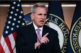  ?? AP PHOTO BY J. SCOTT APPLEWHITE ?? House Minority Leader Kevin Mccarthy, R-calif., speaks to reporters at the Capitol in Washington, March 18, 2022. Republican lawmakers gathered at a retreat in Florida this week to plot out strategy for this year’s midterm elections. The conference needs only a handful of seats to win the House and they are exceedingl­y confident in their chances. They see former Speaker Newt Gingrich, who swept away four decades of Democratic House rule with the “Contract With America” in 1994, as a model.