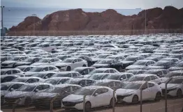  ?? (Noam Revkin Fenton/Flash90) ?? IMPORTED CARS are seen parked in Eilat Port in January.