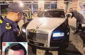  ?? PIC BY NIK HARIFF HASSAN ?? Road Transport Department personnel inspecting a car owned by D’Herbs founder Datuk Seri Aliff Syukri Kamarzaman (inset).