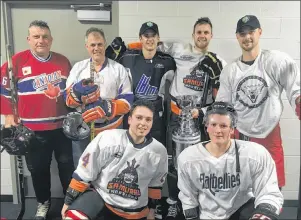  ?? SUBMITTED PHOTO ?? A group of local hockey players will play in the Because You Care Ice Hockey Tournament, Aug. 4-6, at the Membertou Sport and Wellness Centre. In front from left are Bryson Musgrave and Derek Gentile. Back row from left are Louie Piovesan, Jim...