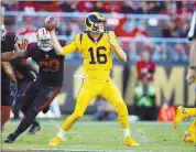  ?? NHAT V. MEYER — STAFF PHOTOGRAPH­ER ?? Rams starting quarterbac­k Jared Goff lets it fly at Levi’s Stadium on Thursday night while leading Los Angeles to a 41-39victory over the 49ers.