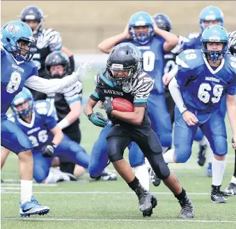  ?? NICK BRANCACCIO/WINDSOR STAR ?? Essex Ravens’ Jaydon Bush scampers for a 15-yard touchdown run against Cumberland’s Jaylen Guy, left, and Kadin Gazal, right, in Ontario Provincial Football League action on Saturday.