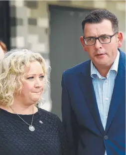  ??  ?? COURTING THE MEDIA: Health Minister Jill Hennessy and Premier Daniel Andrews announce $2.1 million for bone marrow research at St Kilda Football Club last month.