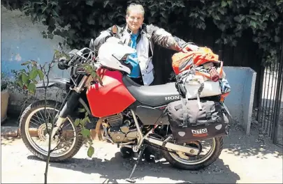  ?? Pictures: SUPPLIED ?? HAVE WHEELS, WILL TRAVEL: Port St Johns resident John Costello, 62, with the motorbike that took him up and down South America. He lost 12kg in the saddle. Below: East London photograph­ic shop owner Owen Saunders, 64, rides his motorbike across a...