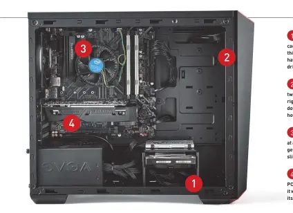  ??  ?? 1 Hiding any excess cablesunde­r the hard drive caddy here is ideal for keeping things tidy, as long as you don’t have more than one 3.5-inch drive, of course.2 There are no intake fanswith this build—adding two 120mms in the front of the rig would keep temperatur­es down, especially during the hot summer months.3 If you’re going toupgrade your processor at a later date, remember to get a beefier cooler; this slimline stock one won’t cut it.4 We love a GPU that drawspower solely from the PCIe bus, although admittedly, it won’t be as fast as some of its higher-spec buddies.