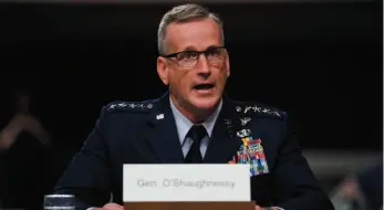  ?? AP FILE PHOTO ?? U.S. Air Force Gen. Terrence O’Shaughness­y testifies during a Senate Armed Services Committee hearing on Capitol Hill in Washington on April 17, 2018. The commander of North America’s early warning system is urging Canada and the U.S. to get on with upgrading the continent’s defences as the countries face an array of threats unmatched since the Cold War.