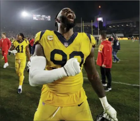  ?? MARCIO JOSE SANCHEZ — THE ASSOCIATED PRESS ?? Los Angeles Rams defensive end Michael Brockers celebrates after the Rams beat the Kansas City Chiefs, 54-51, in an instant Monday Night classic.