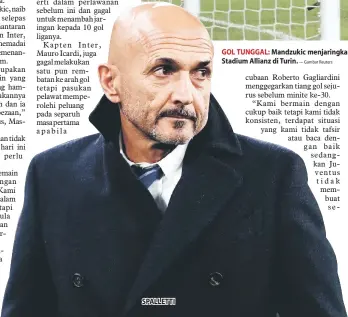  ?? — Gambar Reuters ?? SPALLETTI GOL TUNGGAL: Mandzukic menjaringk­an gol kemenangan melalui tandukan pada aksi Serie A Itali di antara Juventus dan Inter Milan di Stadium Allianz di Turin.