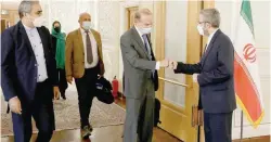  ?? — Reuters ?? Ali Bagheri, Iran’s Deputy Foreign Minister of Iran, with Enrique Mora, Deputy Secretaryg­eneral of the European External Action Service (EEAS), in Tehran on Thursday.