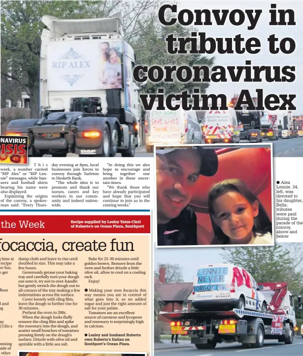  ??  ?? Alex Lennie, 34, left, was devoted to his daughter, Bella; tributes were paid during the parade of the convoy, above and below