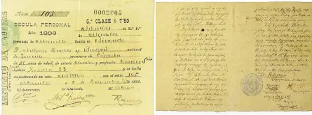  ??  ?? The cedula personal of a Binondo merchant, 1896 Bonifacio’s secret assignment papers to create a Mindanao chapter for the KKK. His signature is on the last line in the Katipunan code.