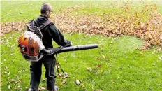  ?? DPA-BILD: CHARISIUS ?? Mit einem Laubbläser treibt ein Gärtner das Herbstlaub in einem Park zusammen.