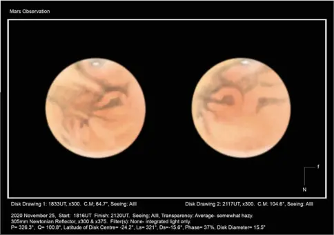  ?? ?? ▲ One of the author’s sketches of a dust storm over Argyre Planitia, along with detailed notes of the observatio­n