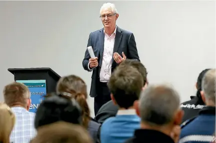  ?? PHOTO: SCOTT HAMMOND/FAIRFAX NZ ?? Marlboroug­h District Council chief executive Mark Wheeler presents at the labour summit on Wednesday.