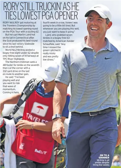  ?? ?? ON TO A GRINNER McIlroy is all smiles despite tiring few weeks