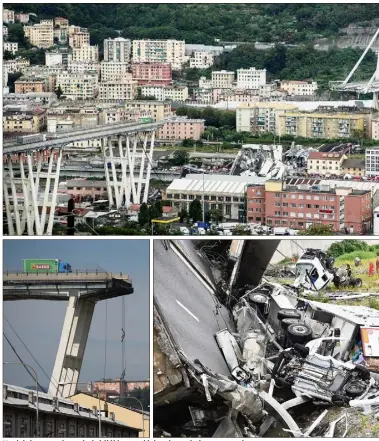  ?? (Photos Cyril Dodergny, AFP et MaxPPP/EPA) ?? Un éclair pourrait avoir été l’élément déclencheu­r de la catastroph­e. Le viaduc s’est subitement effondré sur pas moins de  mètres, plongeant une trentaines de voitures et trois poids lourds dans le vide d’une hauteur de  mètres. Certains véhicules ont toutefois réussi à freiner à temps, comme ce camion.