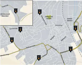  ?? GRAFIK: LANDKREIS BIBERACH/MICHELLE BARBIC ?? Die Grafik zeigt die Standorte der Blitzer im Biberacher Stadtgebie­t sowie im Teilort Ringschnai­t (oben links). Alle Geräte sind seit einigen Tagen betriebsbe­reit.