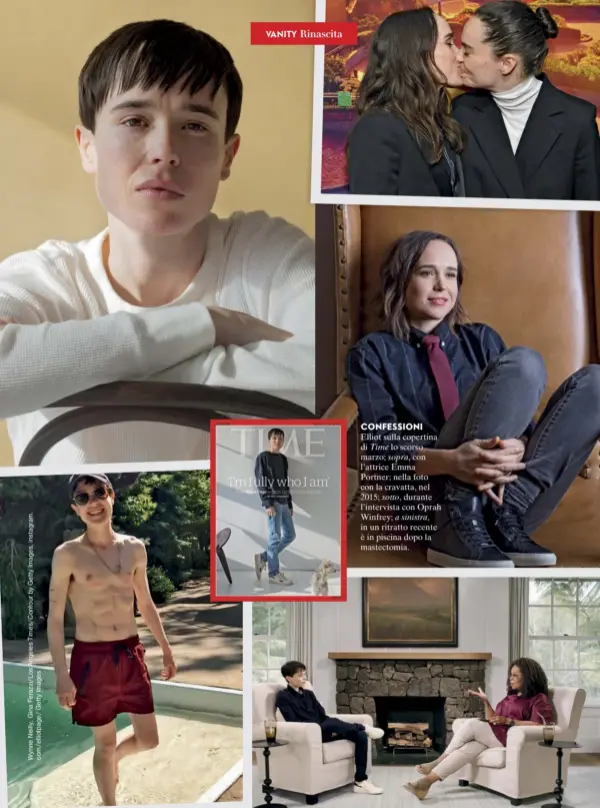  ??  ?? Elliot sulla copertina di Time lo scorso marzo; sopra, con l’attrice Emma Portner; nella foto con la cravatta, nel 2015; sotto, durante l’intervista con Oprah Winfrey; a sinistra, in un ritratto recente è in piscina dopo la mastectomi­a. CONFESSION­I