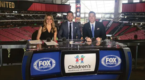  ?? CONTRIBUTE­D ?? The Fox Sports TV broadcast team for Atlanta United games features (from left) club host and sideline reporter Jillian Sakovits, color commentato­r Dan Gargan and play-by-play announcer Kevin Egan, whose first home game called for United — versus Houston in 2017 — just happened to be on his birthday.