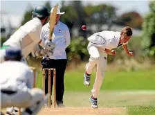  ?? PHOTO: ROBERT CHARLES/STUFF ?? Hurricanes and All Blacks outside back Jordie Barrett, left, bowls to former Black Caps opener Peter Ingram in Taranaki club cricket.