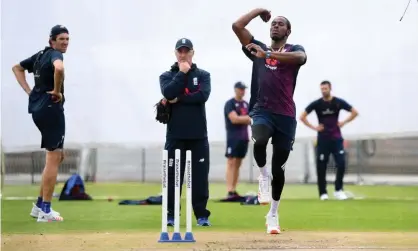  ??  ?? Jofra Archer during an England nets session at Old Trafford. ‘He’s got a smile on his face and he’s bowled the speed of light the past couple of days,’ says Joe Root. Photograph: Gareth Copley/Getty Images