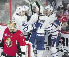  ?? ADRIAN WYLD / THE CANADIAN PRESS ?? The improvemen­t of this Toronto Maple Leafs team was evident Saturday in Ottawa when, instead of wilting under pressure, they scored two late goals in a 4-2 win.