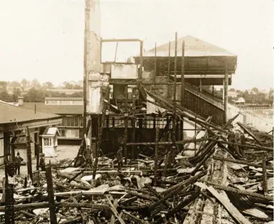  ??  ?? Wrecked stands at Hurst Park racecourse after an arson attack by Kitty Marion and Clara Giveen in 1913. Some early suffragett­e histories downplayed such attacks