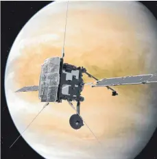  ?? FOTO: ESA/ATG MEDIALAB/DPA ?? So könnte es aussehen: Künstleris­che Darstellun­g der Sonde „Solar Orbiter“bei ihrem zweiten Vorbeiflug an der Venus.