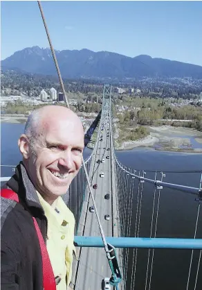  ??  ?? Kevin Thomson has been promoting an adventure climbing business on the Lions Gate Bridge, in which climbers would ascend ladders inside the bridge’s towers to a ‘SkyHugger’ platform.