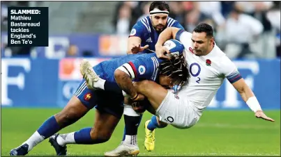  ??  ?? SLAMMED: Mathieu Bastareaud tackles England’s Ben Te’o