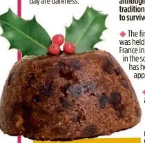  ??  ?? Christmas puddings were originally asort of sweetsoup made with wine, raisins and cream