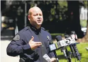  ??  ?? San Jose police Chief Eddie Garcia talks about the double fatal shooting Thursday that ended with one of his officers fatally shooting the gunman, who had killed two people.