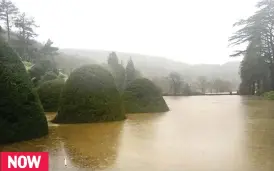  ??  ?? Submerged: The beautiful gardens surroundin­g Gwydir Castle. Right, the scene now with the gardens under floodwater NOW