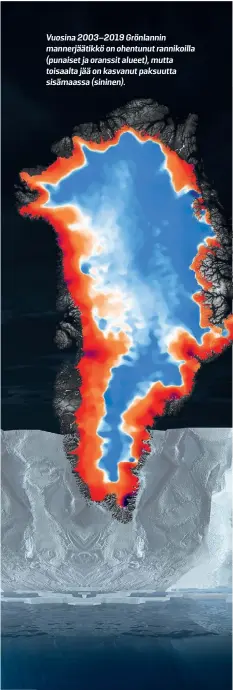  ??  ?? Vuosina 2003–2019 Grönlannin mannerjäät­ikkö on ohentunut rannikoill­a (punaiset ja oranssit alueet), mutta toisaalta jää on kasvanut paksuutta sisämaassa (sininen).