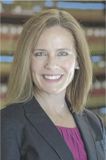  ?? UNIVERSITY OF NOTRE DAME LAW SCHOOL VIA AP ?? Judge Amy Coney Barrett’s judicial career began in May 2017, when President Donald Trump picked her for the 7th U.S. Circuit Court of Appeals in Chicago, where she now sits.
