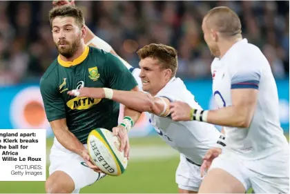  ?? PICTURES: Getty Images ?? Cut England apart: Faf de Klerk breaks with the ball for South Africa Right: Willie Le Roux