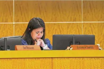  ?? Joseph Bui/Contributo­r ?? Houston ISD Trustee Elizabeth Santos cries during a board meeting Thursday when she said the legal battle with TEA has ended but the fight for public education will never be over.