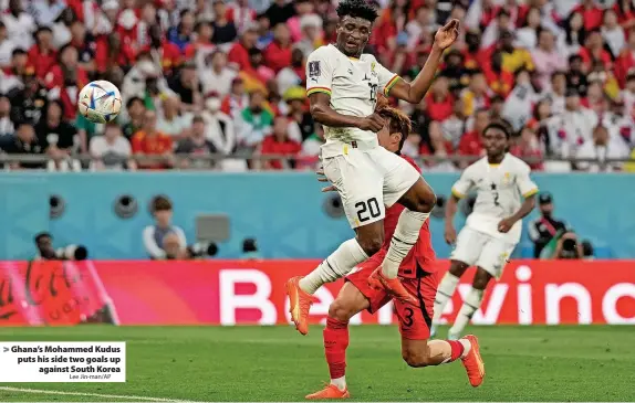  ?? Lee Jin-man/AP ?? Ghana’s Mohammed Kudus puts his side two goals up against South Korea