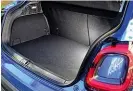  ??  ?? BOOT SPACE Load area has been left unchanged for the 500X’s mid-life facelift. The 350-litre boot is smaller than in a Renault Captur (455 litres), but expands to 1,000 litres with the seats folded