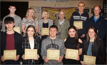  ??  ?? Winners of achievemen­t awards for taking part in internatio­nal competitio­n - back (from left): Joe Mooney, Laura Halpin, Jackie Carthy, Nicky Cowman (President), Jim Stafford, Ger Maloney. Front (from left): Ryan Carthy-Walsh, Aoife Cloke-Rochford,...