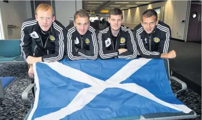  ??  ?? Scotland duty Craig Samson, left, with team-mates Ryan Stevenson, Gary MacKenzie and Jordan Rhodes