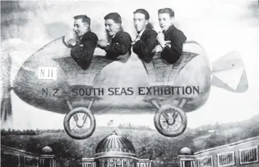  ?? PHOTO: CATHRYN MORTON FAMILY COLLECTION ?? A souvenir photo from the New Zealand and South Seas Internatio­nal Exhibition of 192526. The late Sam McClean, aged 19, is in the ‘‘airship’’ second from left, with his mates.