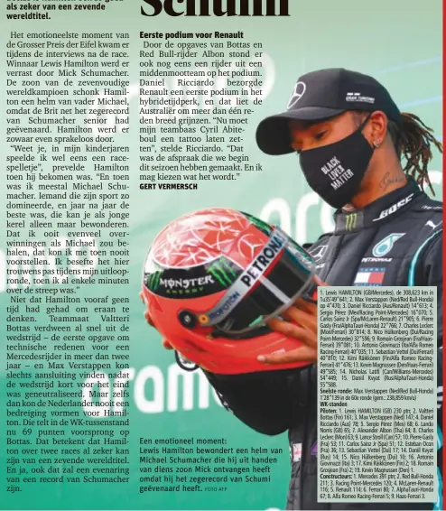  ?? FOTO AFP ?? Een emotioneel moment:
Lewis Hamilton bewondert een helm van Michael Schumacher die hij uit handen van diens zoon Mick ontvangen heeft omdat hij het zegerecord van Schumi geëvenaard heeft.