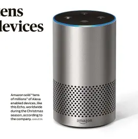  ?? AMAZON ?? Amazon sold “tens of millions” of Alexa enabled devices, like this Echo, worldwide during the Christmas season, according to the company.
