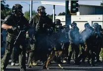  ??  ?? Police approach protesters after they marched onto northbound Interstate 680 during a Black Lives Matter protest in Walnut Creek on Monday. The police dog is being handled by a police officer with the emblem Central County SWAT.