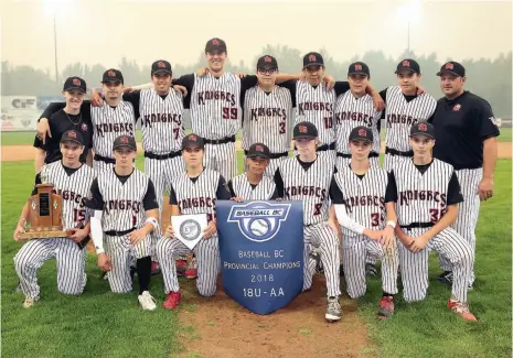  ?? CITIZEN PHOTO BY JAMES DOYLE ?? The PG Surg-Med midget Knights show off their BC Baseball provincial championsh­ip banner and their Baseball Canada Western Canadian Championsh­ip plaque prior to a men’s league game on Wednesday night at Citizen Field.