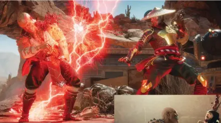  ??  ?? LEFT In case you’re not keeping up with the lore: Raiden has now gone full villain, as evidenced by his newly crimson thunderbol­ts.BELOW Fan-favourite Baraka is back, and has had some dental work done since his appearance in MKX. Indeed, some teeth appear to have migrated to his shoulders
