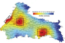  ??  ?? The map shows aridity anomaly between 1975 and 2010 in the Ganga River Basin. Maximum increase in aridity is seen in western Great Indian Desert (A), northern Aravalli Range (B) and western Chota Nagpur Plateau (C-D)