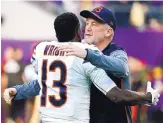  ?? BRUCE KLUCKHOHN/ ASSOCIATED PRESS ?? Chicago Bears coach John Fox, shown embracing Kendall Wright on Sunday, was dismissed on Monday after three lastplace seasons in Chicago.